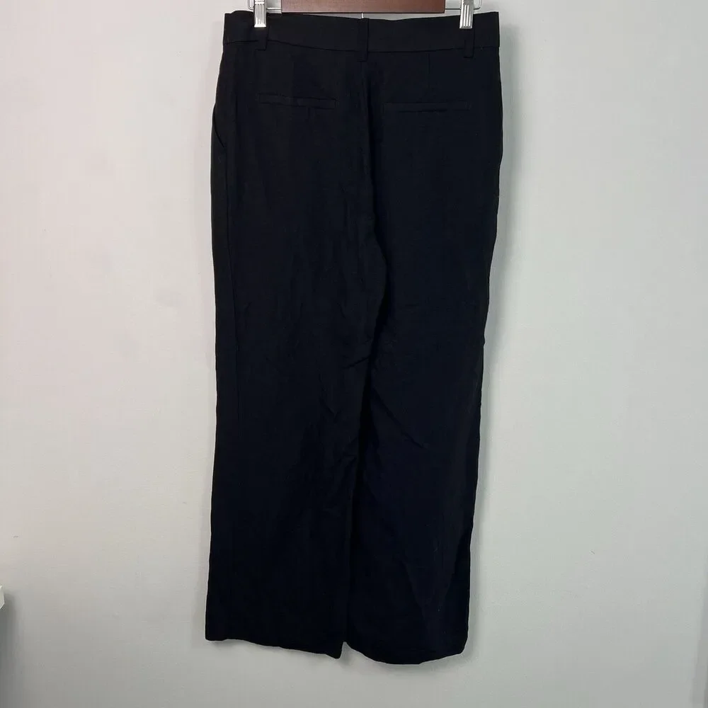 H&M Womens Pants Linen Blend Size 6 Pleated Front Pockets Black